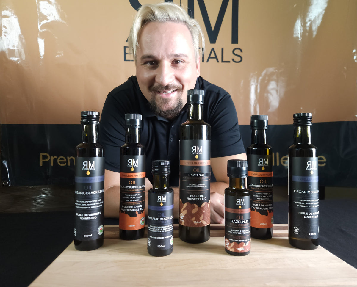 Levi with cold-pressed oils made in Vernon, British Columbia